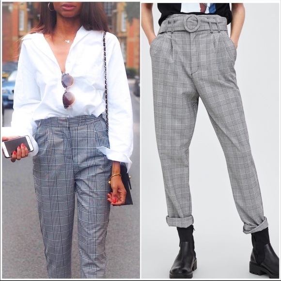 Zara Plaid Pleated High Waist Paperbag Pants Trouser Size XS - Picture 3 of 11